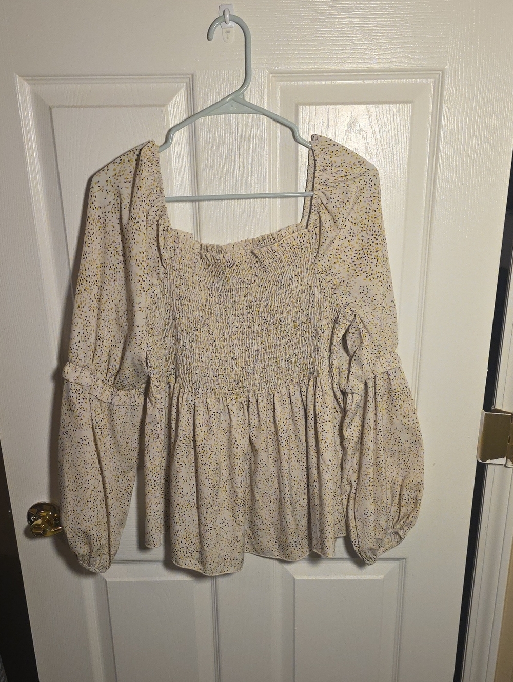 Smocked Square-Neck Peplum Blouse in Cream Floral